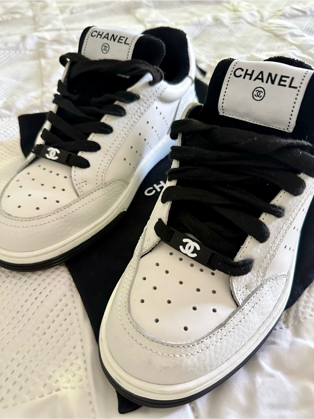 CHANEL White and Black Leather Low-Top Sneakers